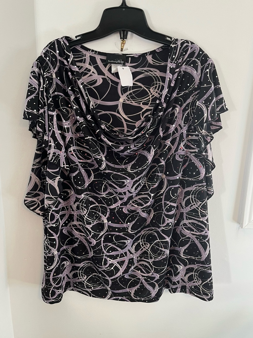 Y2K Brittany Black Black & Lavender Swirl Cowl-Neck Blouse - Size 1X fit